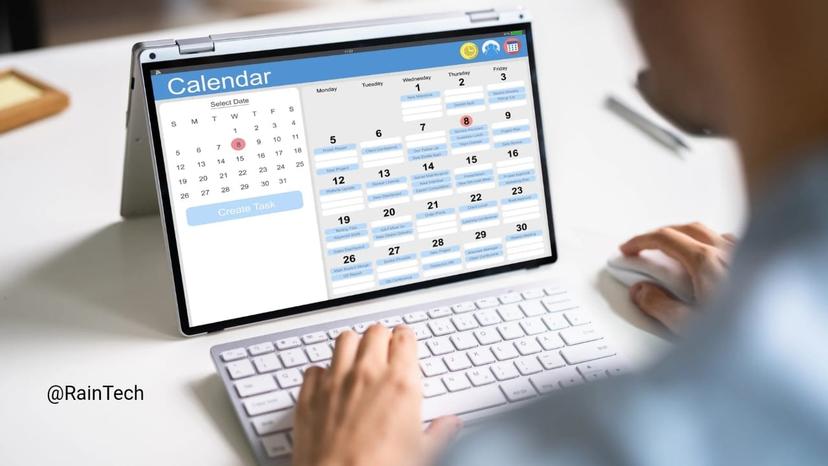 A professional using a laptop to manage a digital business calendar and tasks, illustrating an efficient and fast hiring process for tech roles.