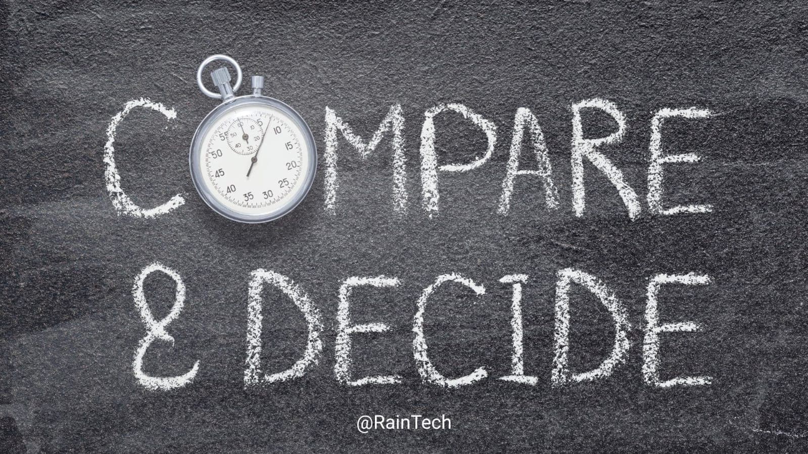 Stopwatch and "Compare & Decide" written in chalk on a blackboard, illustrating choices between H-1B visa and Employer of Record (EOR) for global hiring. 