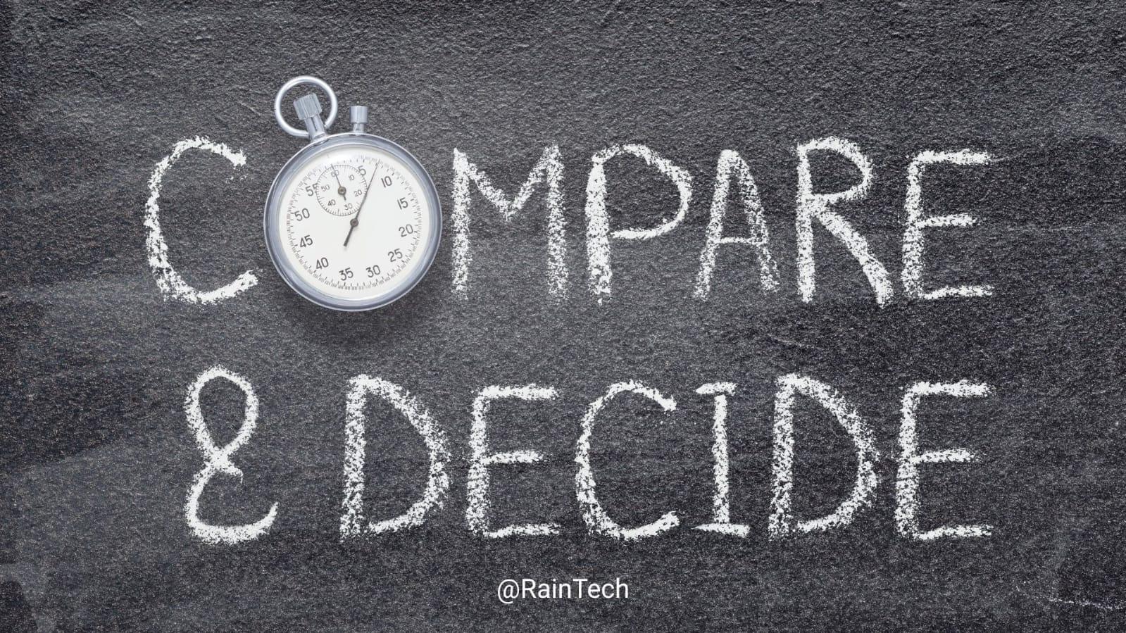 Stopwatch and "Compare & Decide" written in chalk on a blackboard, illustrating choices between H-1B visa and Employer of Record (EOR) for global hiring. 