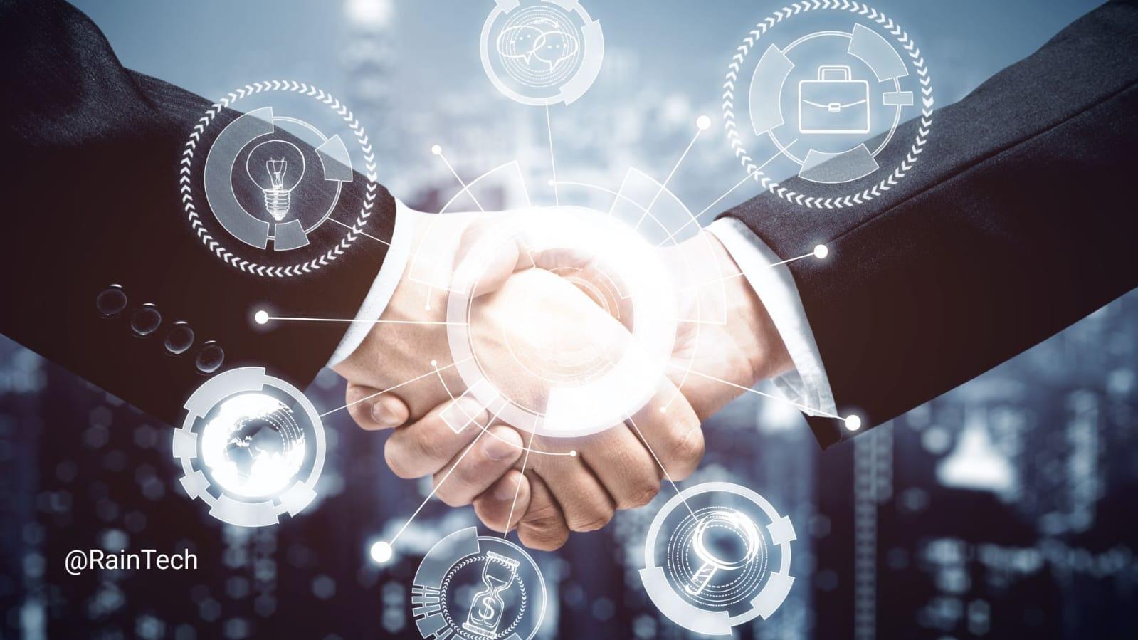 Business handshake with glowing tech network, symbolizing global talent partnership.