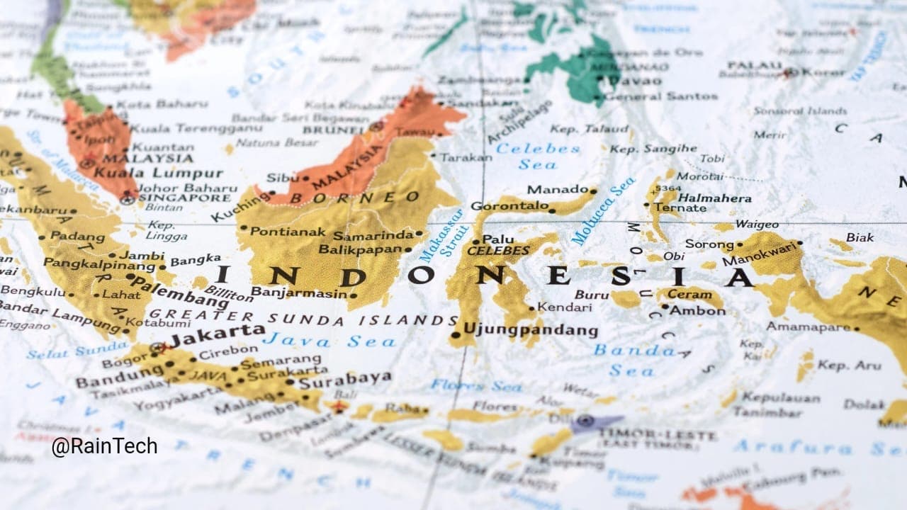 Detailed map showing Indonesia, Java, Sumatra, Borneo, and surrounding APAC region tech hubs. 