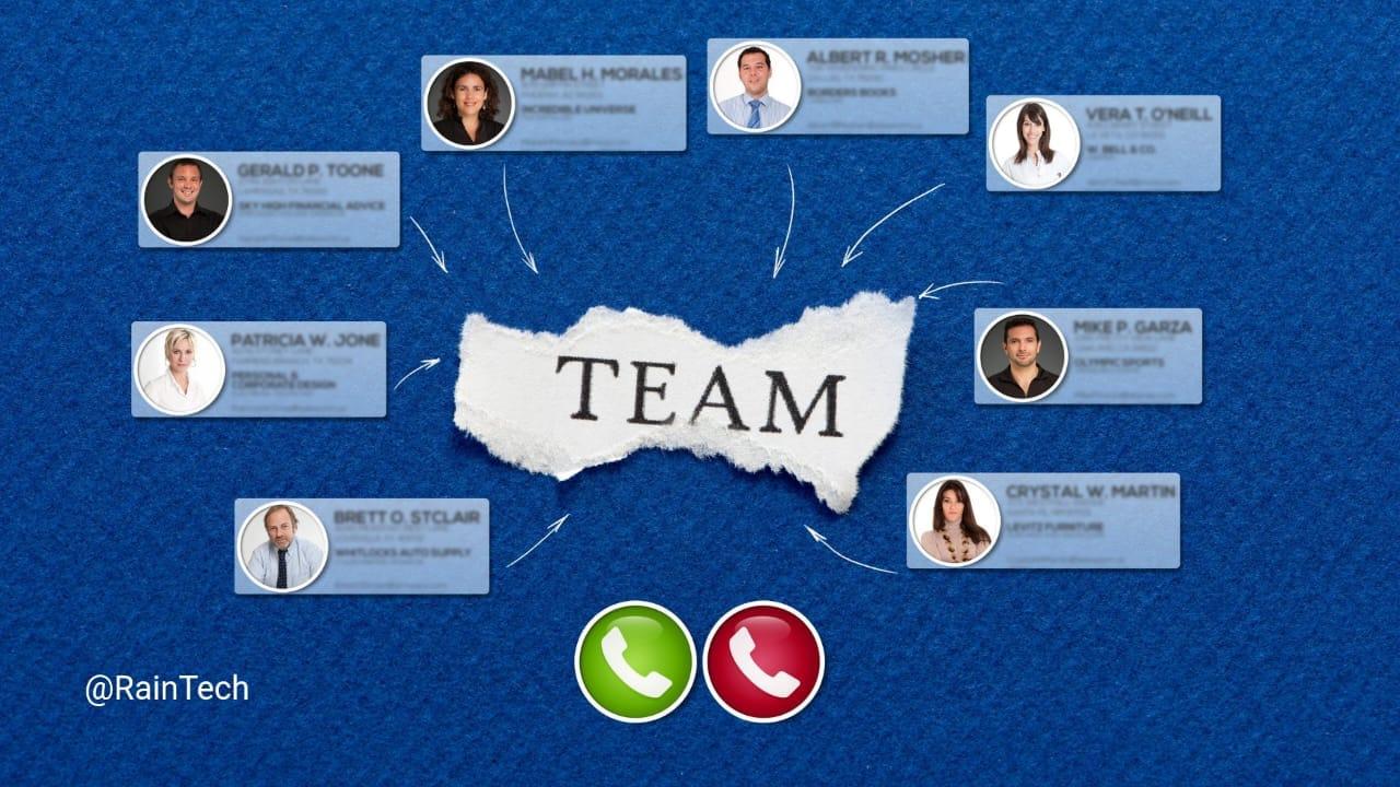 Graphic of "TEAM" at the center, surrounded by eight employee profiles linked by arrows, visualizing remote team connection and successful onboarding. 