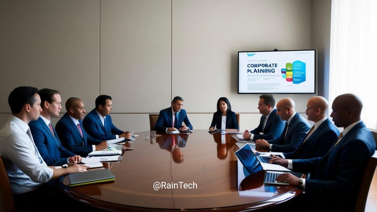 Global business executives, including HR and finance leaders, in a boardroom meeting discussing corporate planning and expansion strategy for hiring in Indonesia.