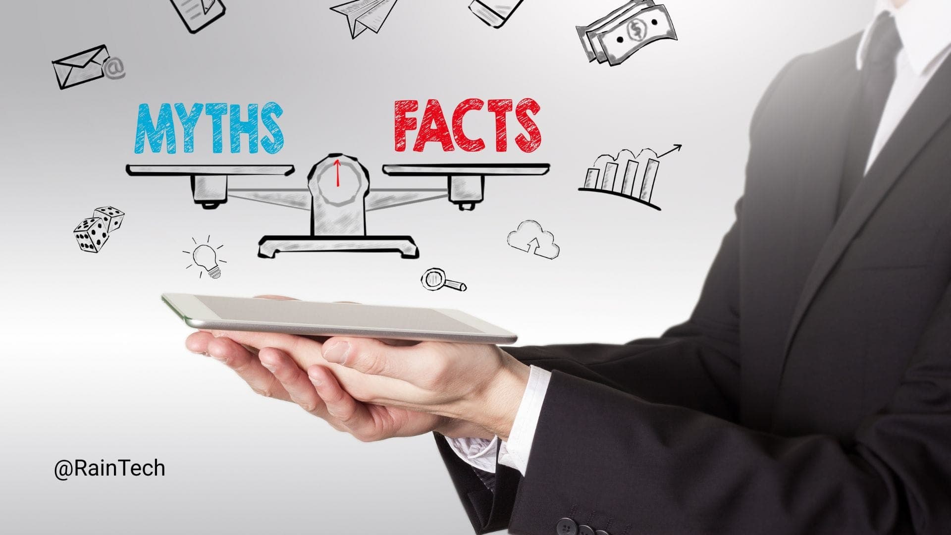 Businessman holding a tablet with a scale illustration weighing Myths vs Facts, surrounded by business icons. Ideal for debunking tech hiring costs and infrastructure myths in Indonesia.