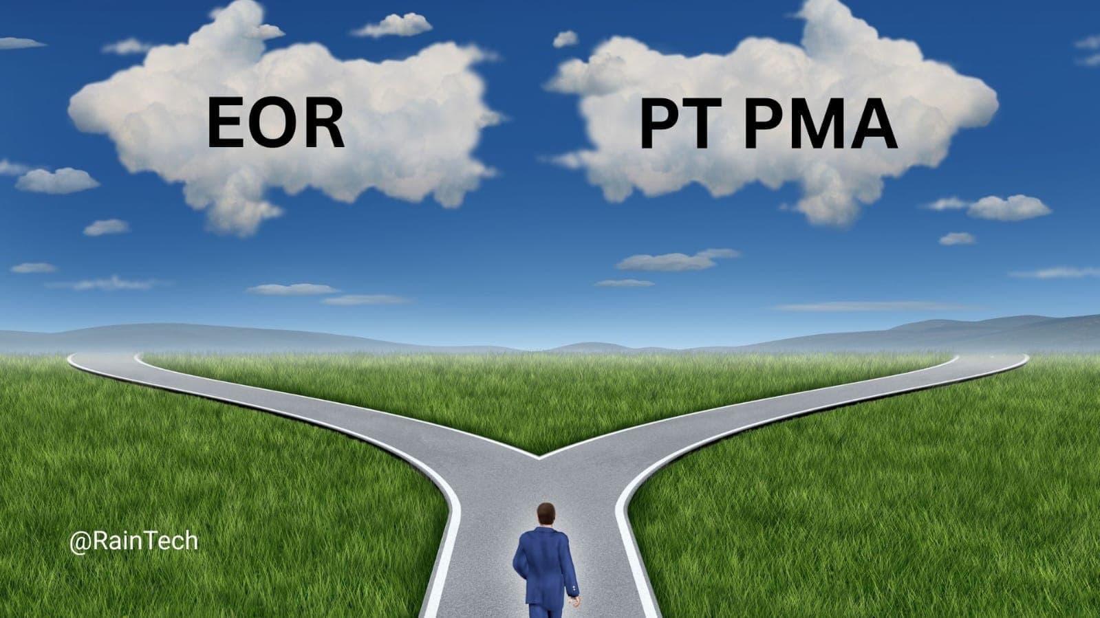 A businessman facing a fork in the road choosing between EOR and PT PMA for hiring tech talent in Indonesia 2026.