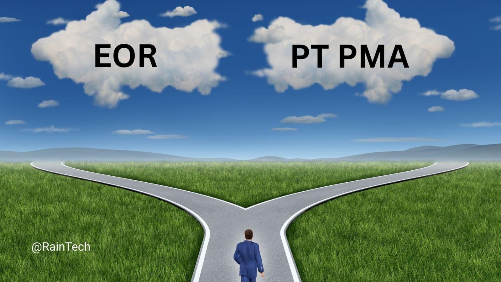 A businessman facing a fork in the road choosing between EOR and PT PMA for hiring tech talent in Indonesia 2026.