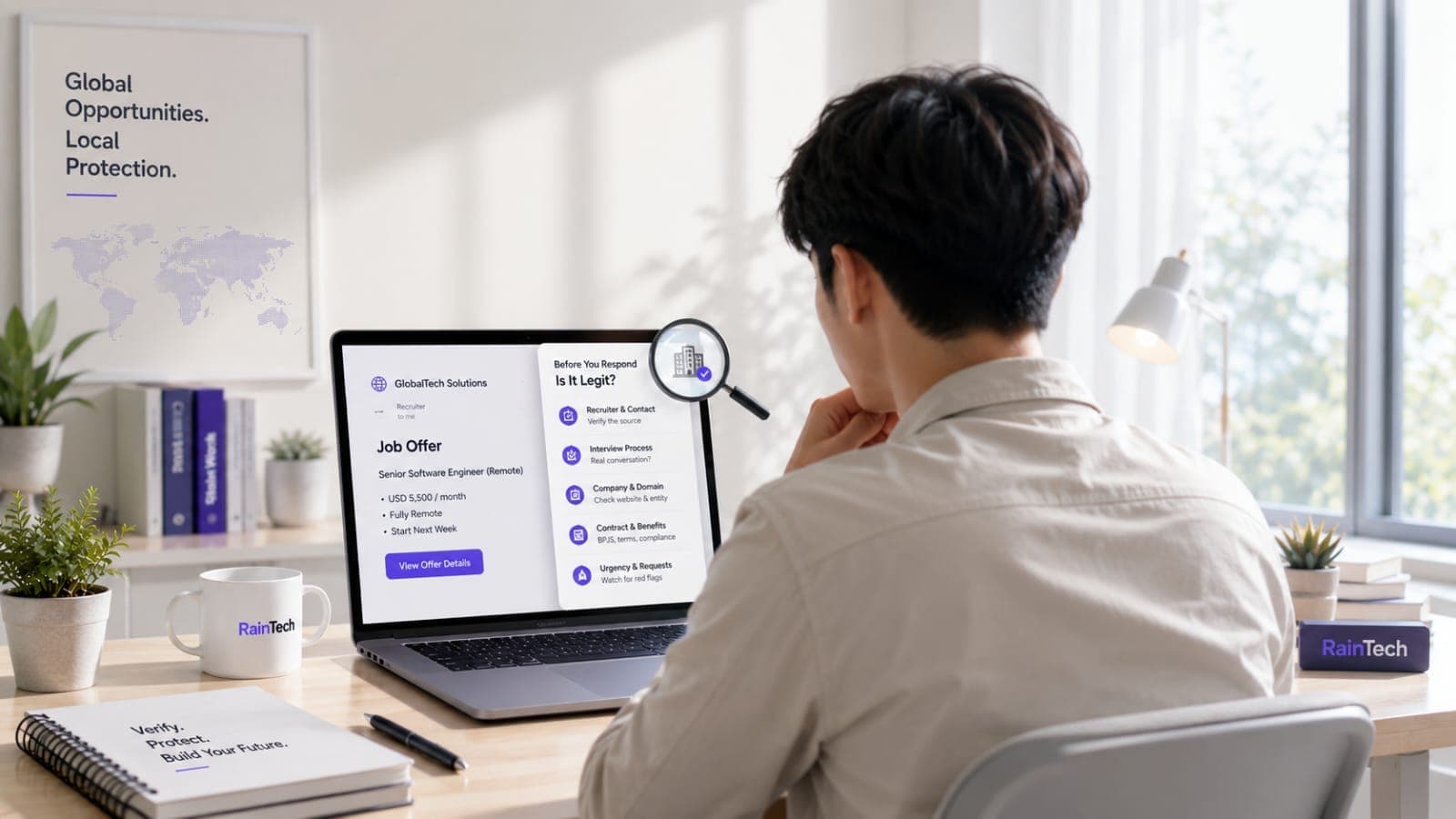 Engineer reviewing a remote job offer on a laptop while verifying the company, recruiter, interview process, and contract.