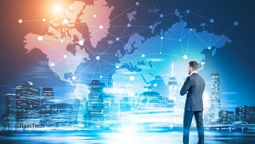 Global network map showing RainTech sourcing Indonesian developers.