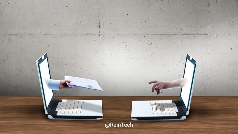 Remote hiring and digital document transfer between two laptops, symbolizing fast, compliant tech talent acquisition in APAC.