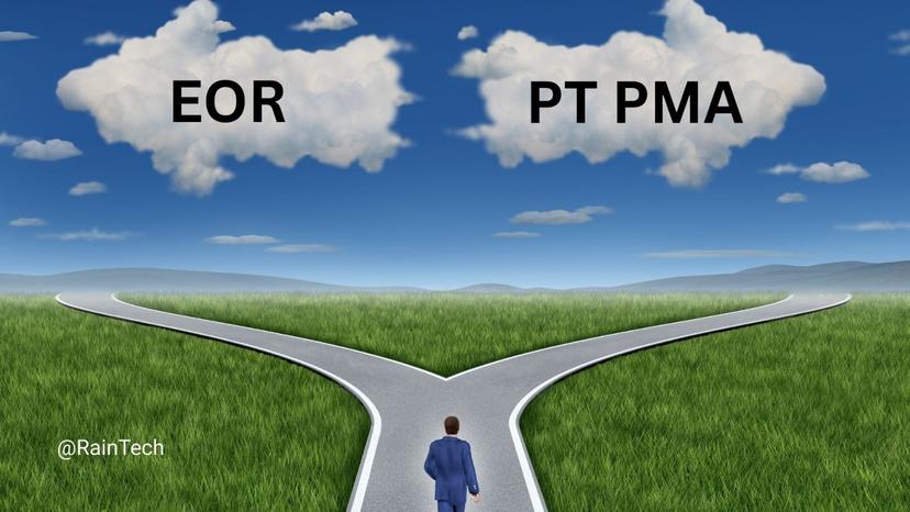 A businessman facing a fork in the road choosing between EOR and PT PMA for hiring tech talent in Indonesia 2026.