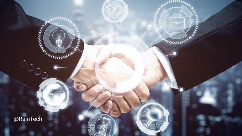 Business handshake with glowing tech network, symbolizing global talent partnership.