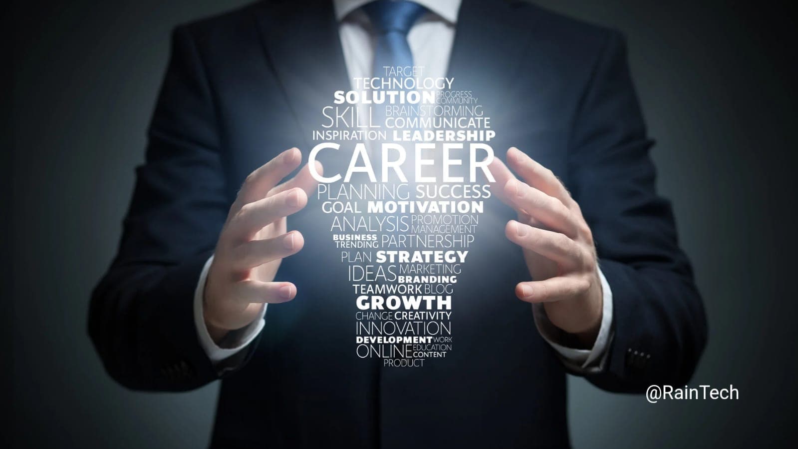 A businessman holding a lightbulb-shaped word cloud featuring "Career," "Strategy," and "Success," representing the global career path for Indonesian software engineers through RainTech.