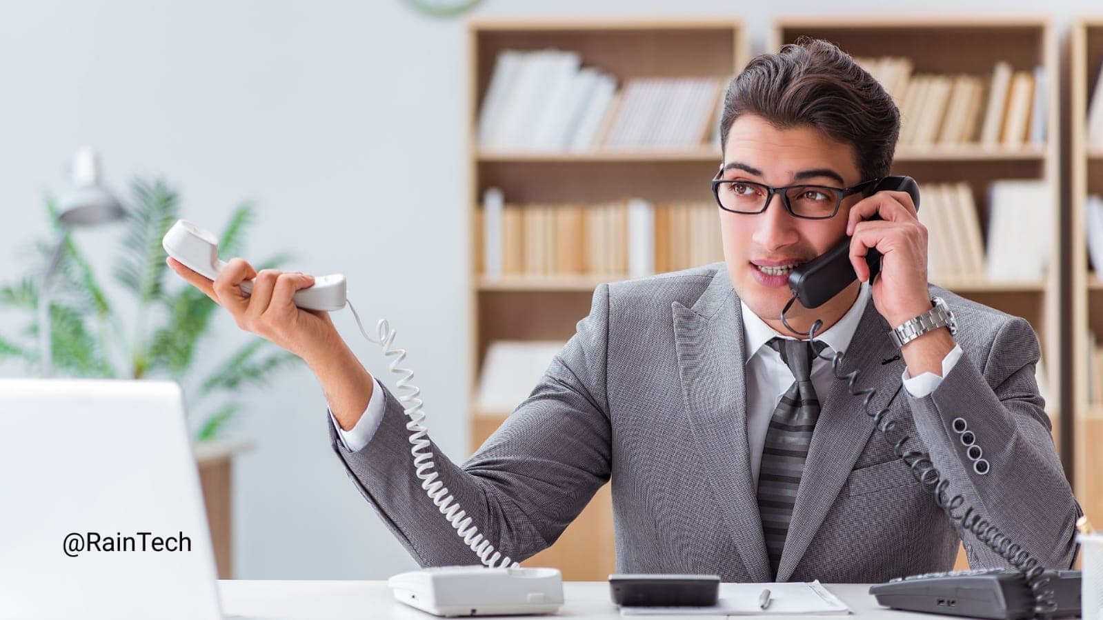 A busy hiring manager multitasking with multiple phones, illustrating the preparation needed before a first call with an Indonesian tech hiring partner or EOR service.