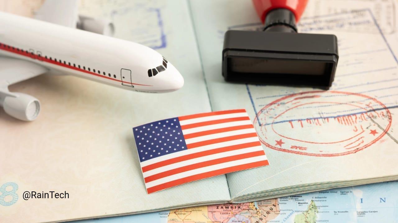 US flag, passport, toy airplane, and a visa stamp, representing the travel and immigration process for an H-1B visa applicant and related fees.