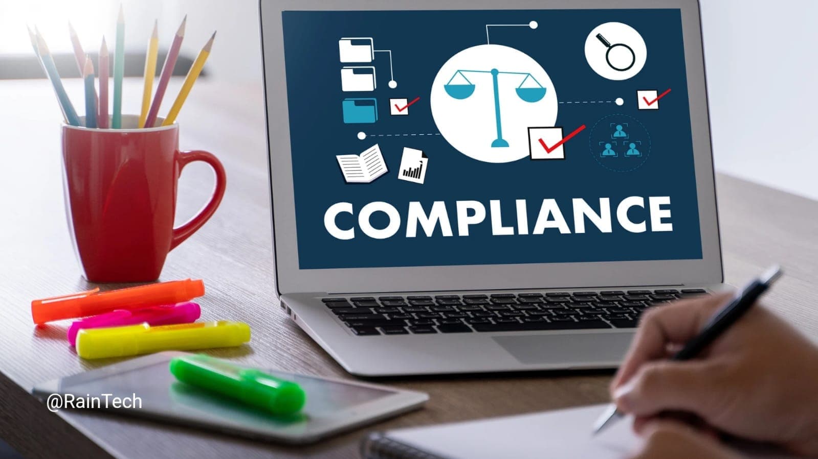 Laptop screen displaying "COMPLIANCE" with a scales of justice icon, illustrating legal and regulatory challenges for remote APAC teams, payroll, and HR.