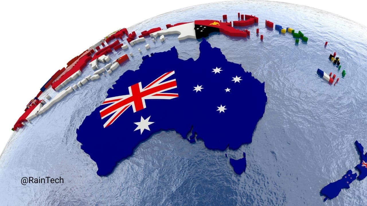 Map of Australia and Indonesian archipelago with flags, symbolizing remote tech hiring from Indonesia/APAC.