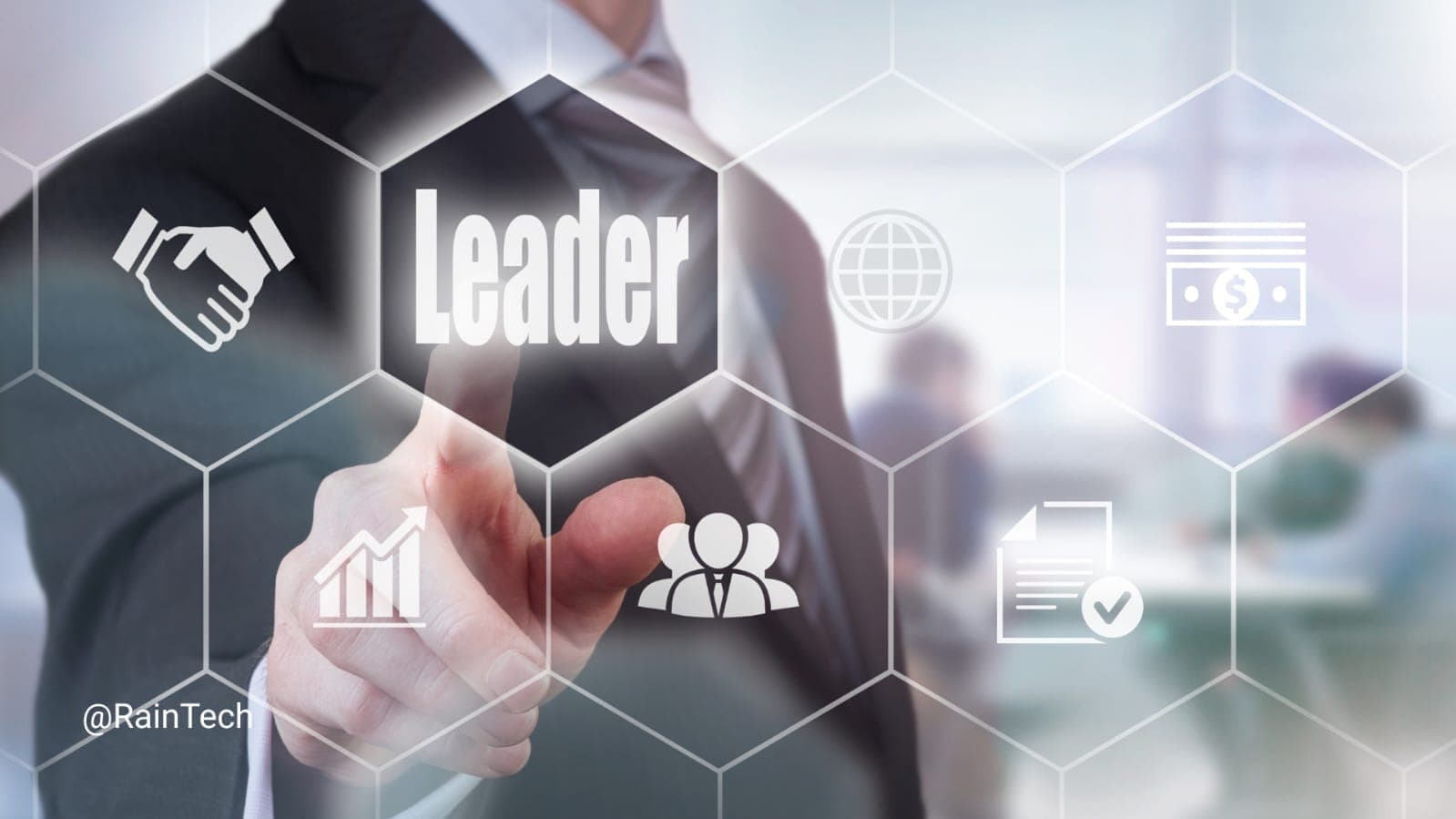 Business leader pointing at 'Leader' title in digital hexagon interface, with icons for teamwork, global business, growth, and finance.