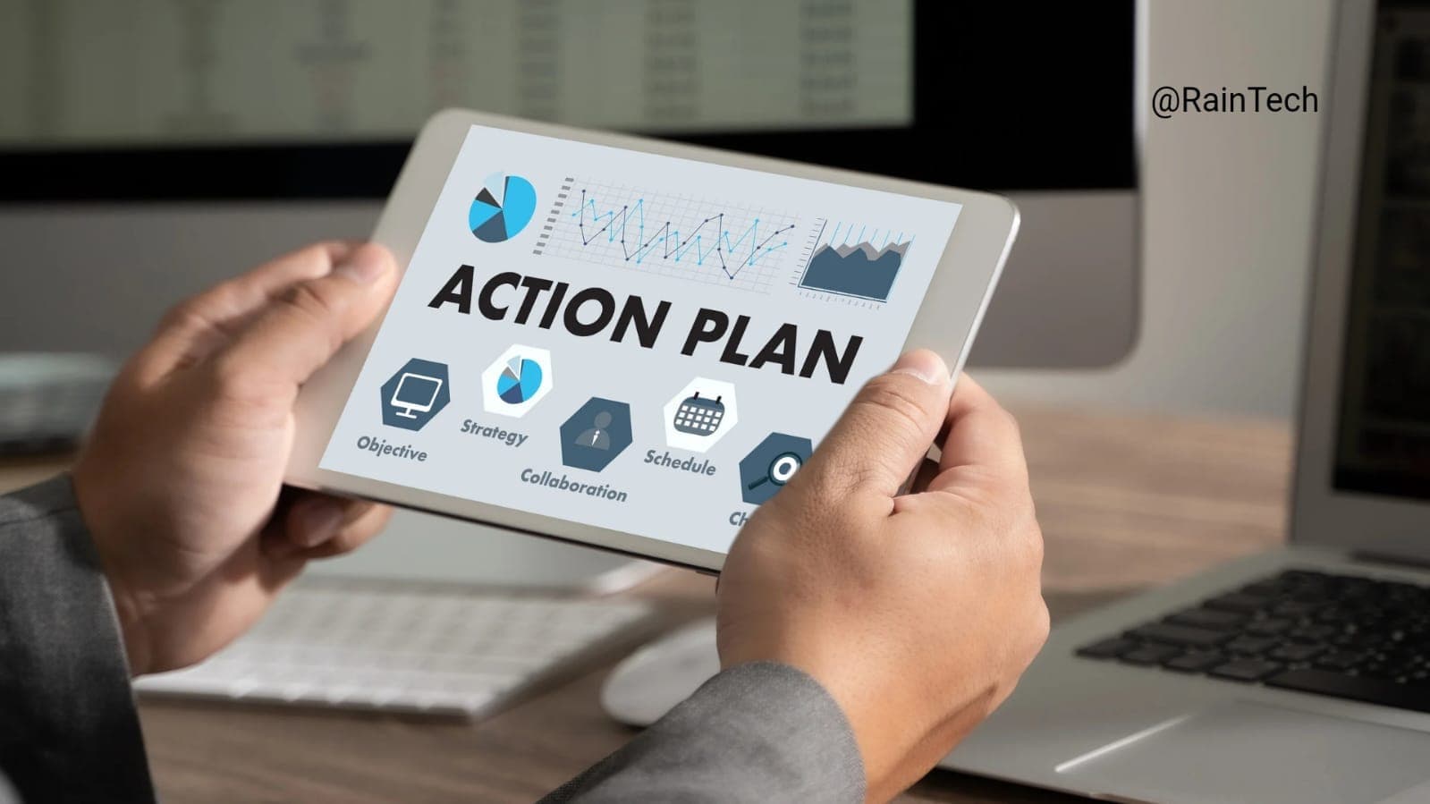 A person holding a tablet showing a strategic action plan to build a career portfolio and narrative in 12 months.