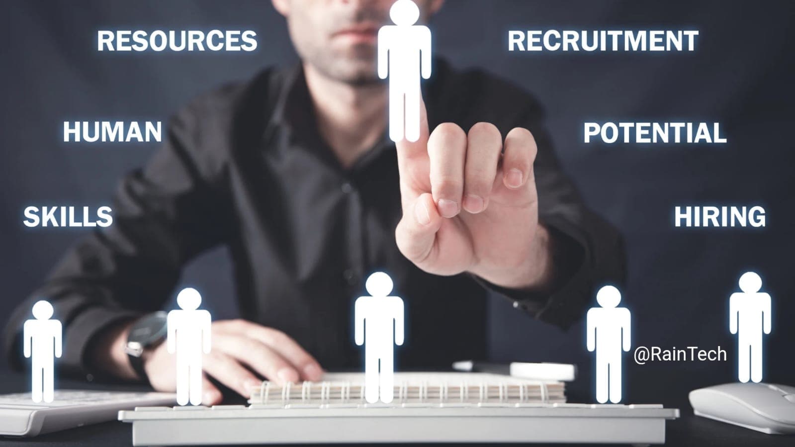 A professional digital interface illustrating strategic recruitment for Indonesian engineers by RainTech, featuring key terms like hiring, skills, and potential.