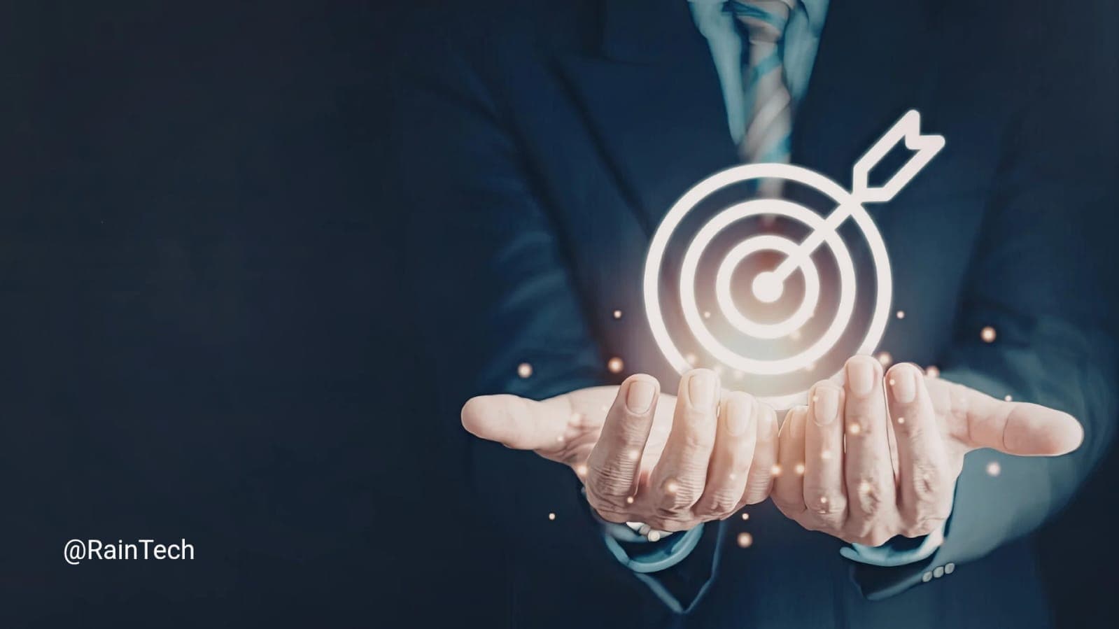 A professional holding a glowing target icon, representing the precision required in RainTech's 2.5-hour assessment to identify top-tier tech talent.