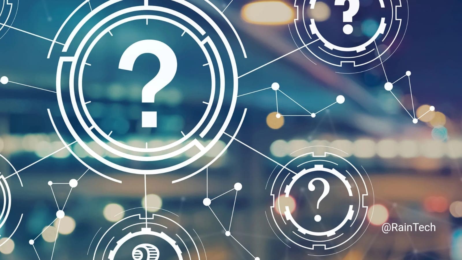 A digital network interface with glowing question marks inside circular gears and connected nodes over a blurred city bokeh background.
