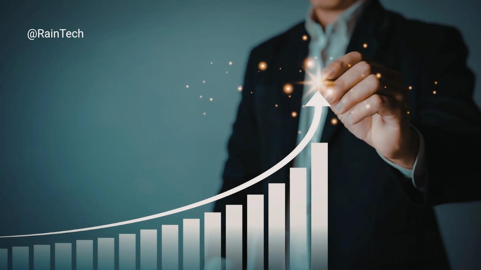 A person drawing an upward growth chart with glowing accents, representing the 18% conversion lift and $300K revenue gain in the maritime tech case study.
