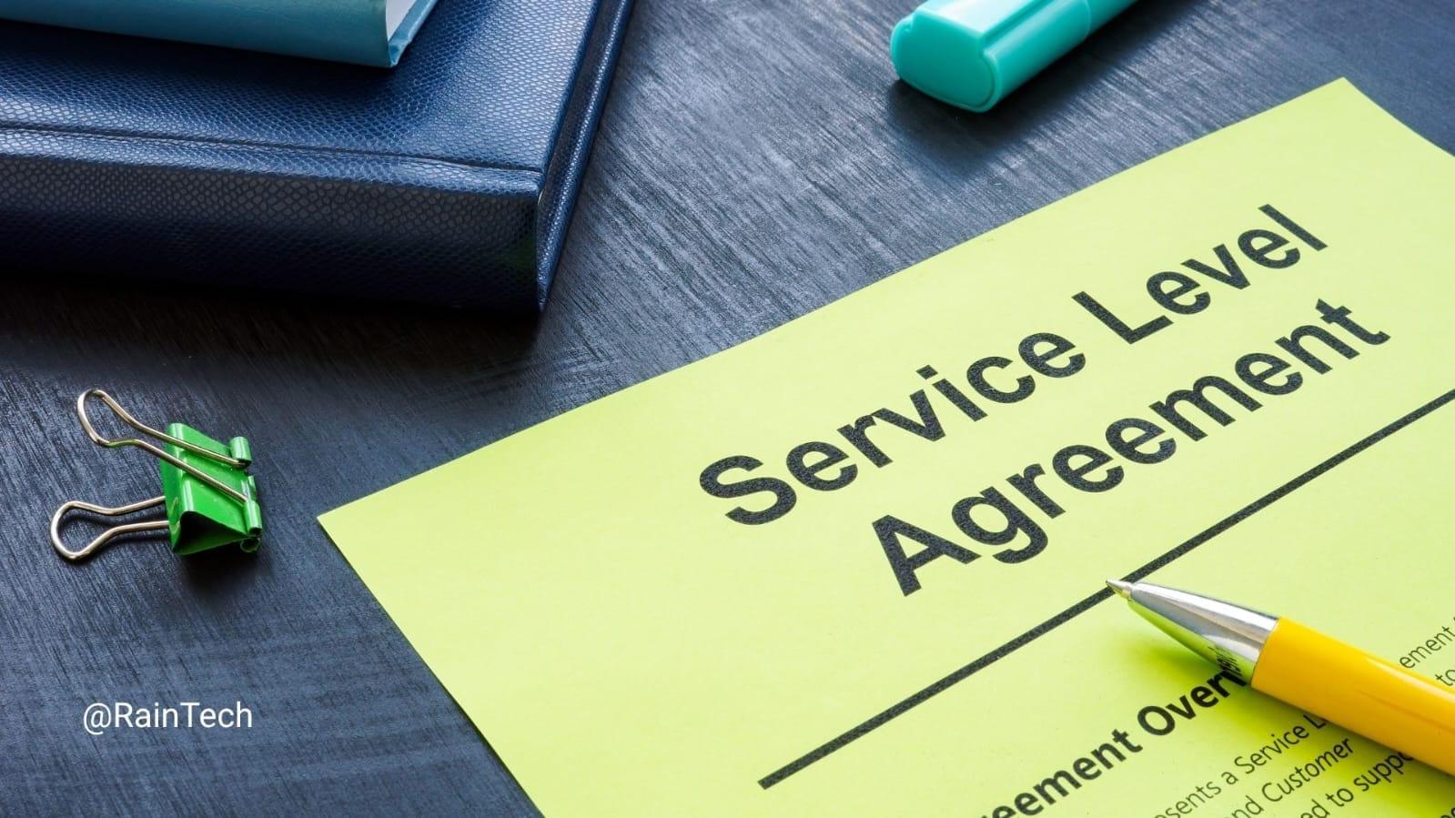Service Level Agreement (SLA) document on a desk, representing compliant remote dev contracts for Indonesian tech teams.