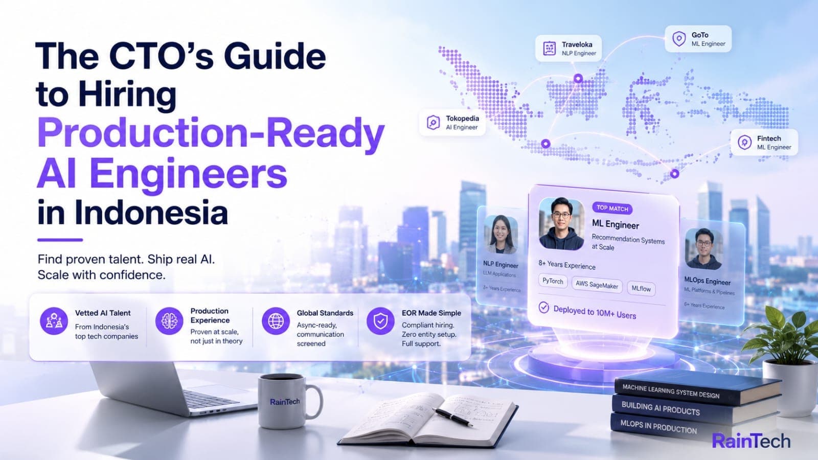 A modern office desk views a digital map of Indonesia and a 3D hologram displaying candidate profiles of senior, vetted ML and NLP engineers with production experience.