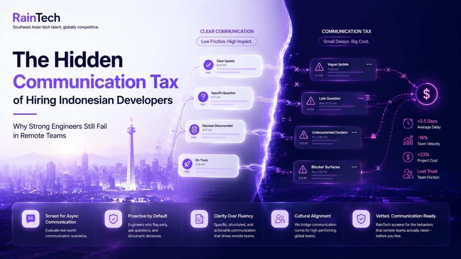 RainTech infographic comparing low friction clear communication with communication tax delays and costs when hiring Indonesian remote developers.