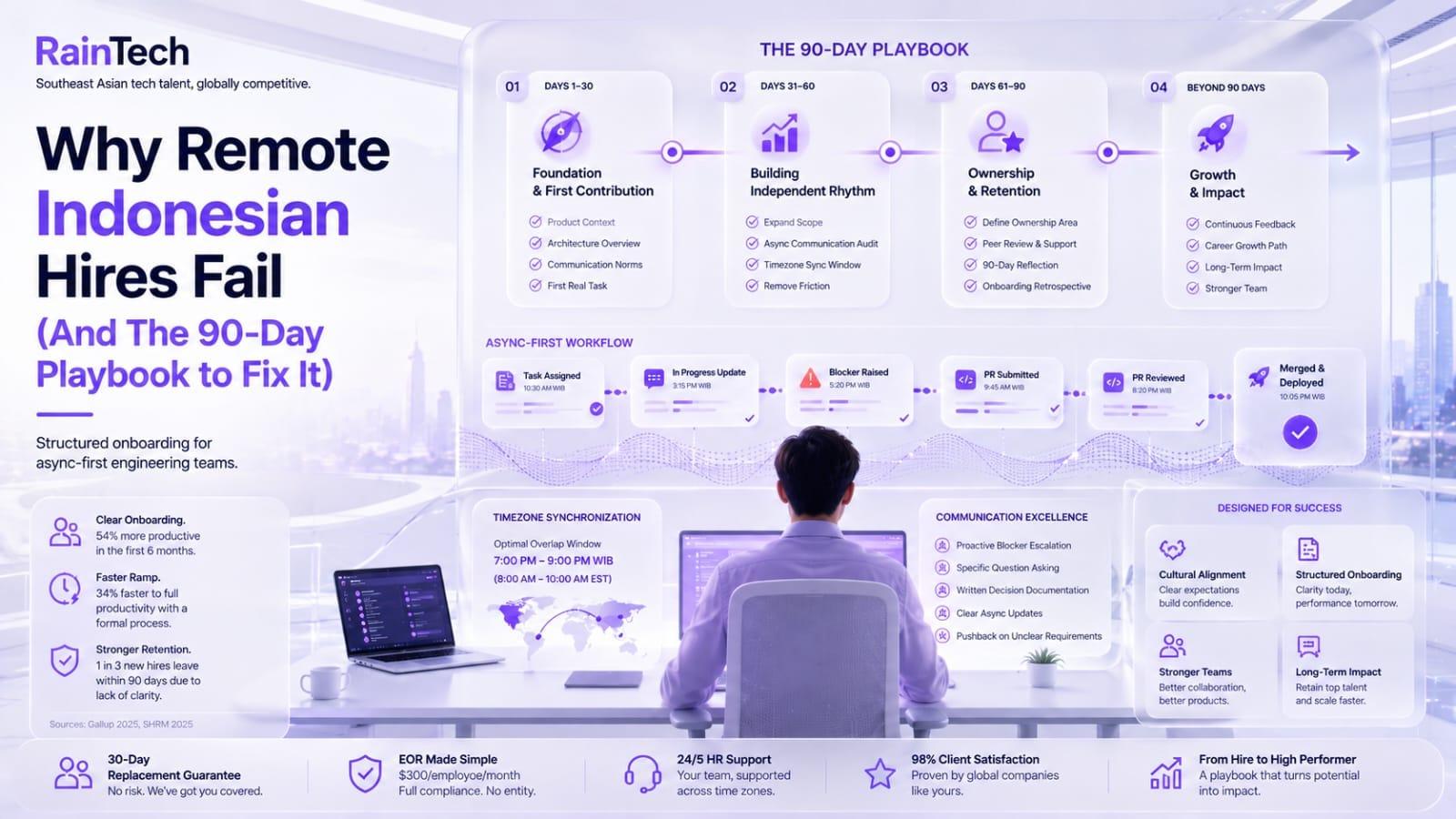 RainTech infographic showing an engineer at a desk, detailing a 90-day remote onboarding playbook and async workflow.