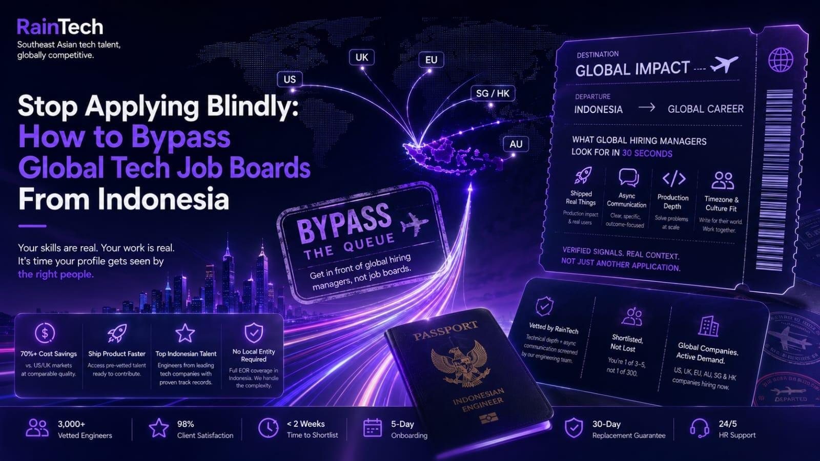RainTech infographic with a world map, city skyline, and an Indonesian passport on a desk, illustrating a bypass route to global tech careers.