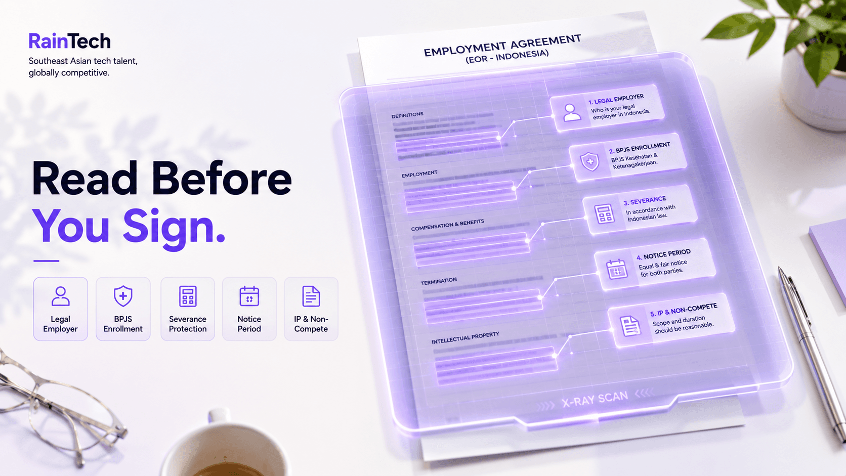 Bright workspace featuring an employment contract under a glowing X-ray scan highlighting five key employment clauses with digital callouts.