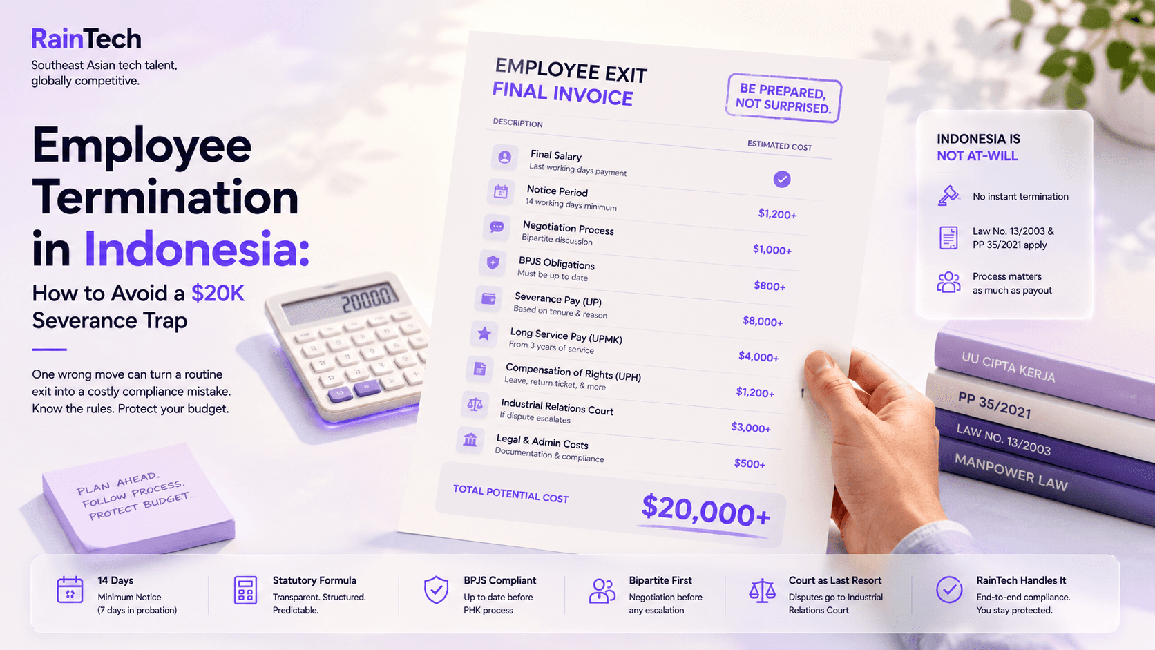Hand holding an employee exit invoice beside a calculator and legal books on a bright desk with clean purple-accented corporate styling.