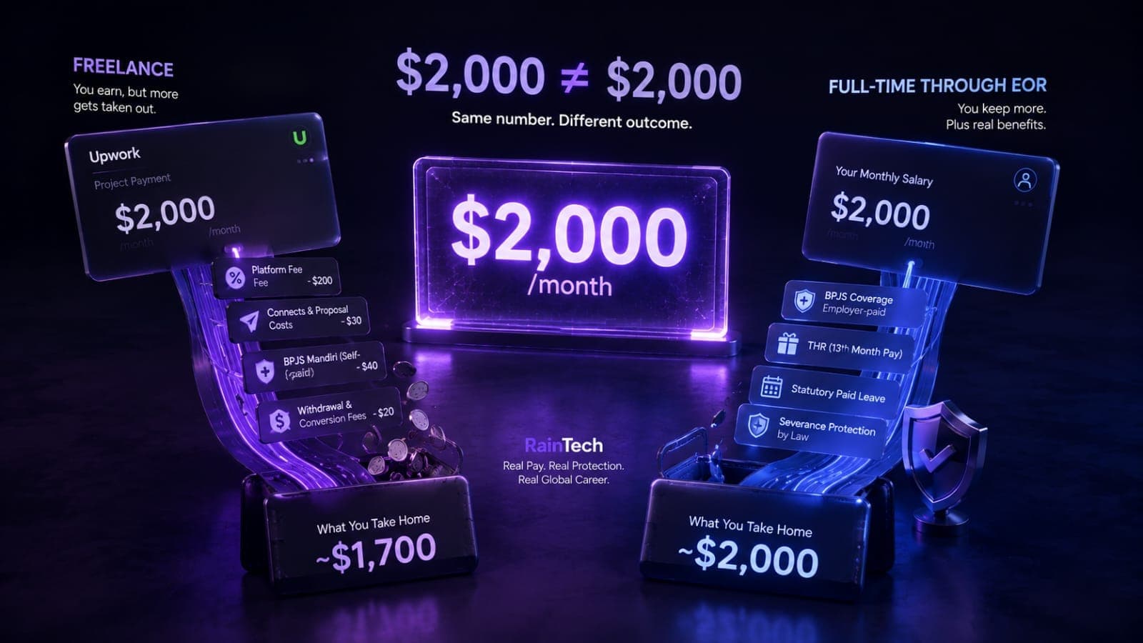 A dark visual showing a $2,000 salary split between freelance fees and EOR benefits, highlighting the gap between headline pay and real value.