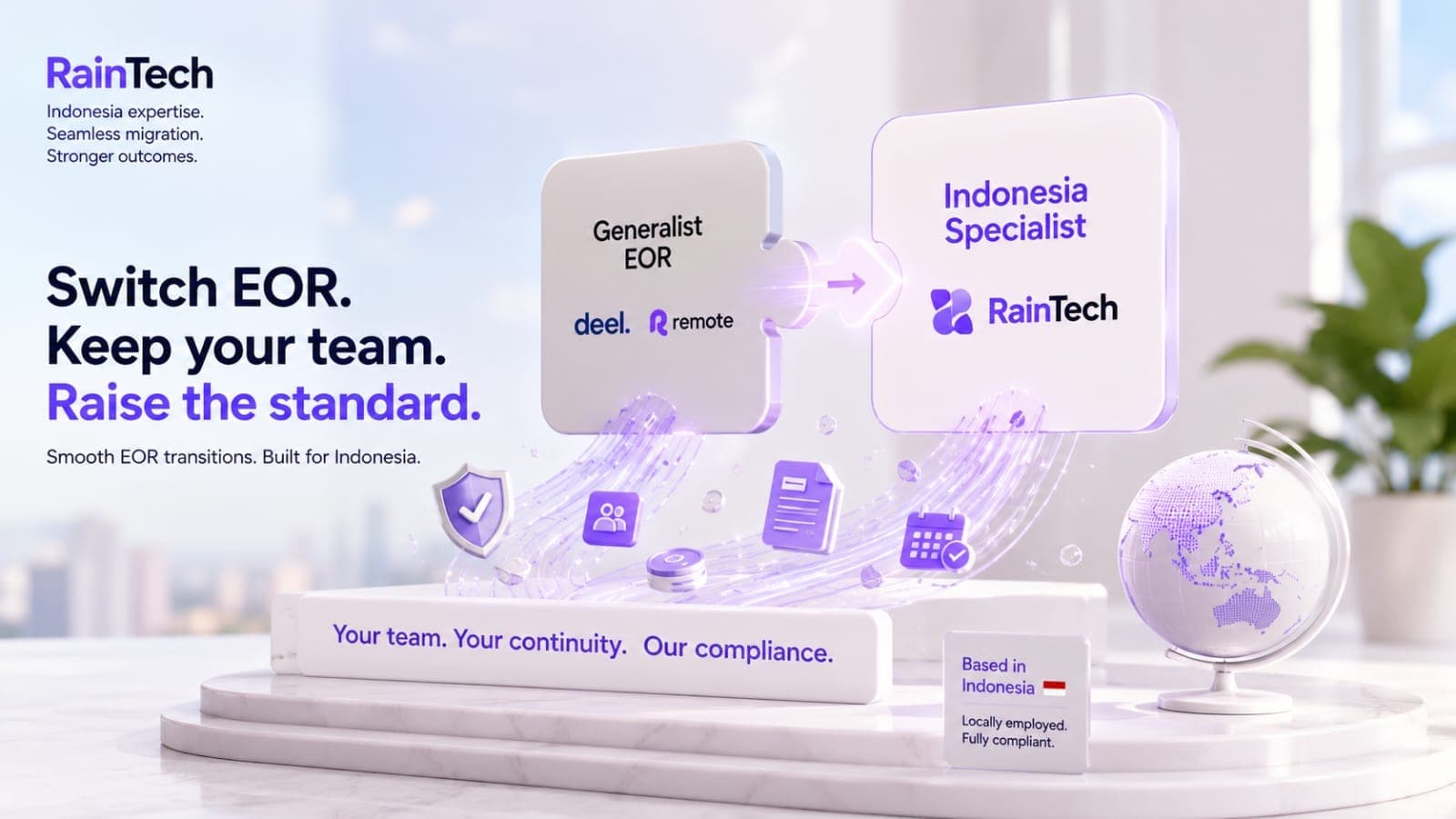 Bright 3D scene showing an EOR transition from generalist providers to RainTech, with connected compliance icons and an Indonesia globe.