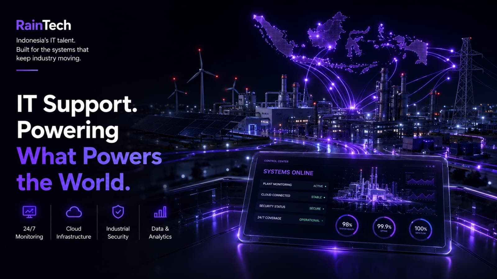 Dark futuristic industrial scene with renewable energy infrastructure, a glowing Indonesia map, digital connections, and a control panel showing connected systems and monitoring data.