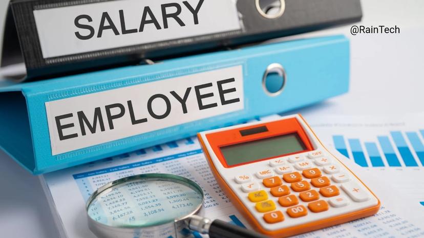 A financial audit setup with 'Salary' and 'Employee' folders, a calculator, and a magnifying glass, illustrating tech salary benchmarking and payroll audits in Indonesia for 2026.
