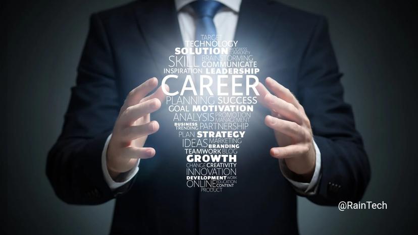 A businessman holding a lightbulb-shaped word cloud featuring "Career," "Strategy," and "Success," representing the global career path for Indonesian software engineers through RainTech.