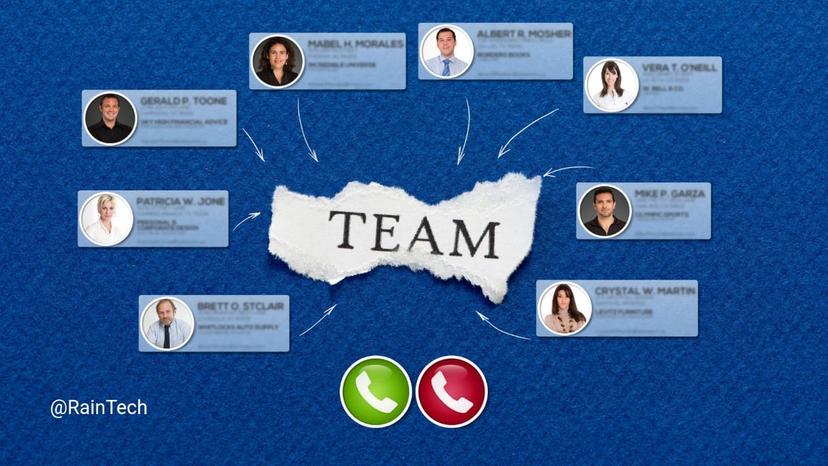 Graphic of "TEAM" at the center, surrounded by eight employee profiles linked by arrows, visualizing remote team connection and successful onboarding.