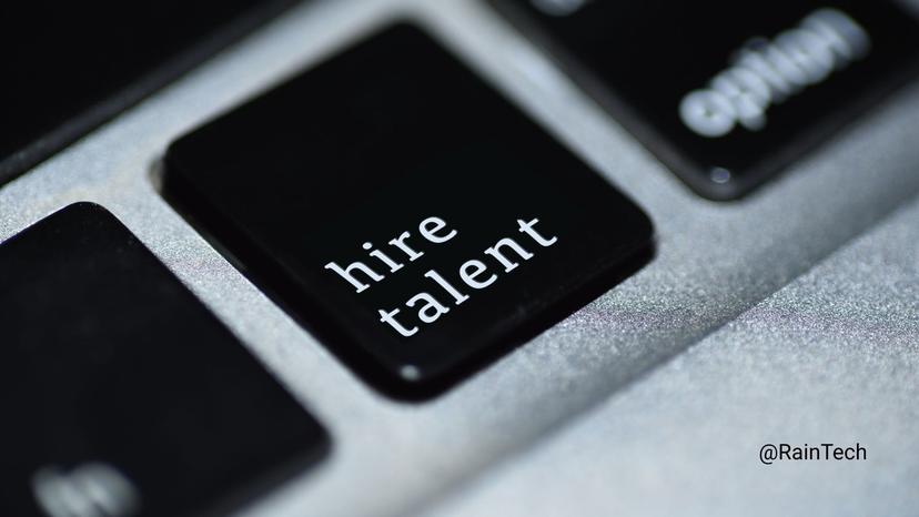 Keyboard key labeled 'hire talent' representing fast tech recruitment and sourcing.