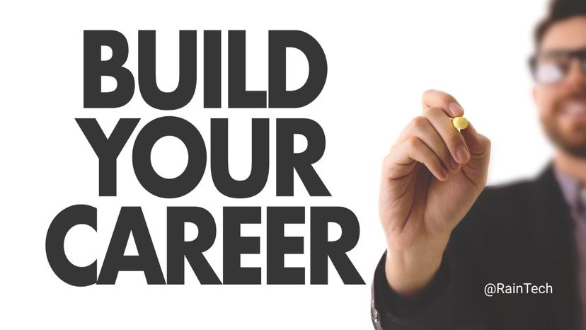 A man drawing the words 'BUILD YOUR CAREER' on a glass board, symbolizing Indonesian graduates starting their global tech journey from university.