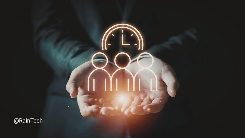 Hands holding glowing icons of a team and clock, representing a structured Indonesian product pod and sync communication.